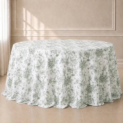 Polyester Round Tablecloth 132" White with Dusty Sage Green French Toile Pattern - Sophisticated Table Cover for Chic Weddings & Events