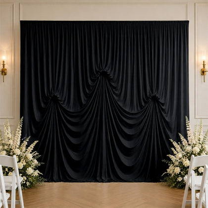Spandex Pre-Sewn Dramatic Drape Backdrop Curtain – 13ft × 20ft Black 4-Way Stretch Wrinkle-Free 180GSM Event Panel with 3 Adjustable Ribbon Ties