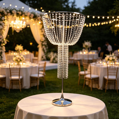 45" Metal Goblet Flower Stand – Round, Silver – Chandelier-Style Wedding Centerpiece with Acrylic Crystal Bead Strands