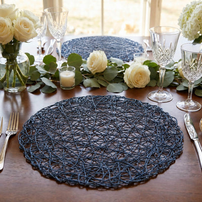 6-Pack Woven Fiber Table Placemats 15" Round Design Denim Blue - Disposable Dining Mats