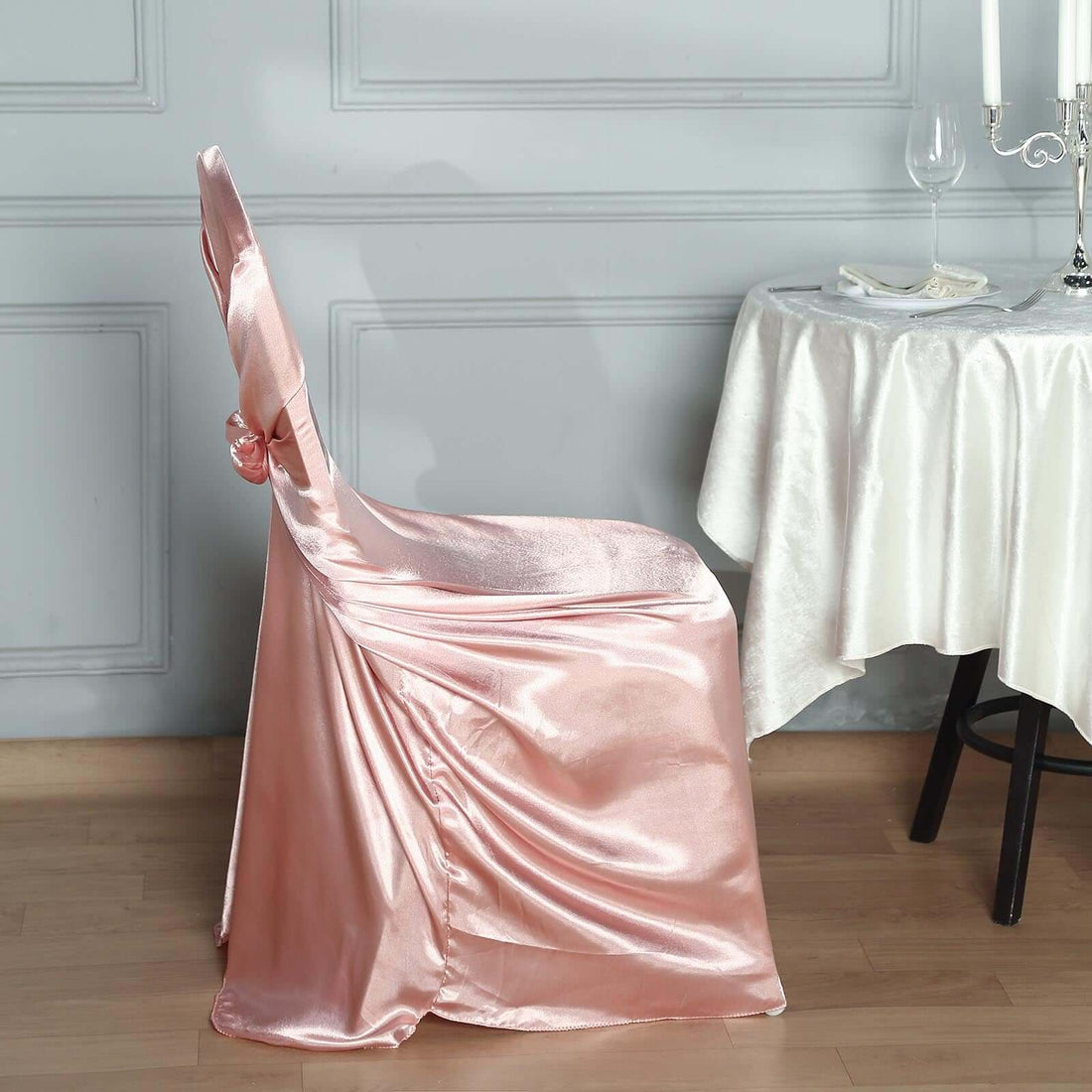 Dusty rose satin self-tie universal chair cover for weddings and events