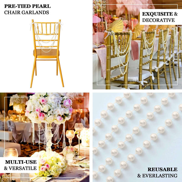 Elegant pre-tied pearl garlands for chair decoration, multi-use and reusable.