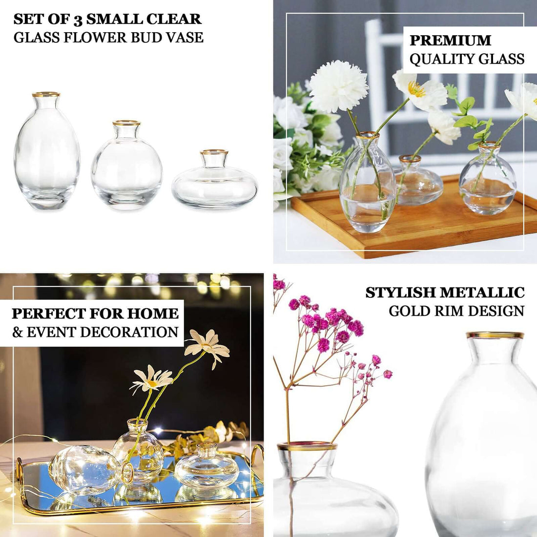 Clear Glass Bud Vases with Metallic Gold Rim | eFavormart