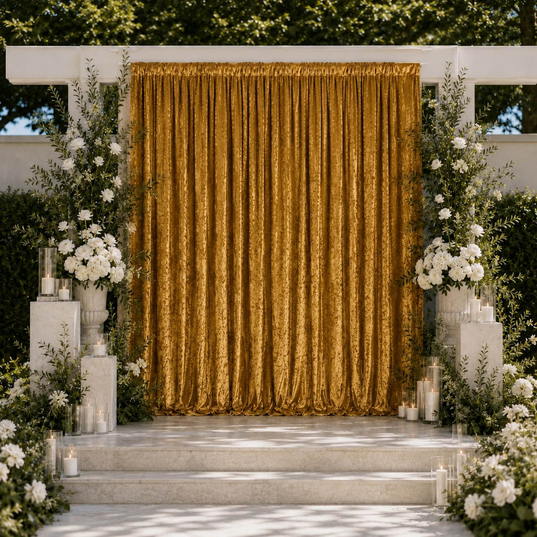 Elegant gold wedding backdrop with white floral arrangements and candles