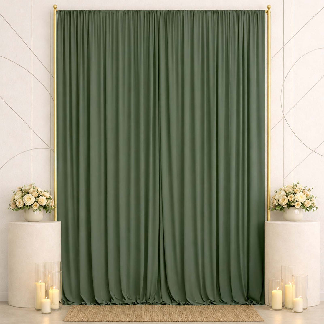 Elegant green curtain backdrop with floral arrangements and candles<\/final>