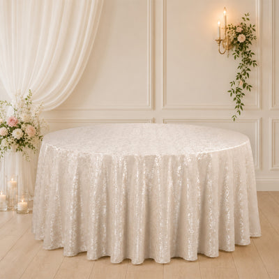 Elegant ivory round lace tablecloth in a romantic wedding reception setting