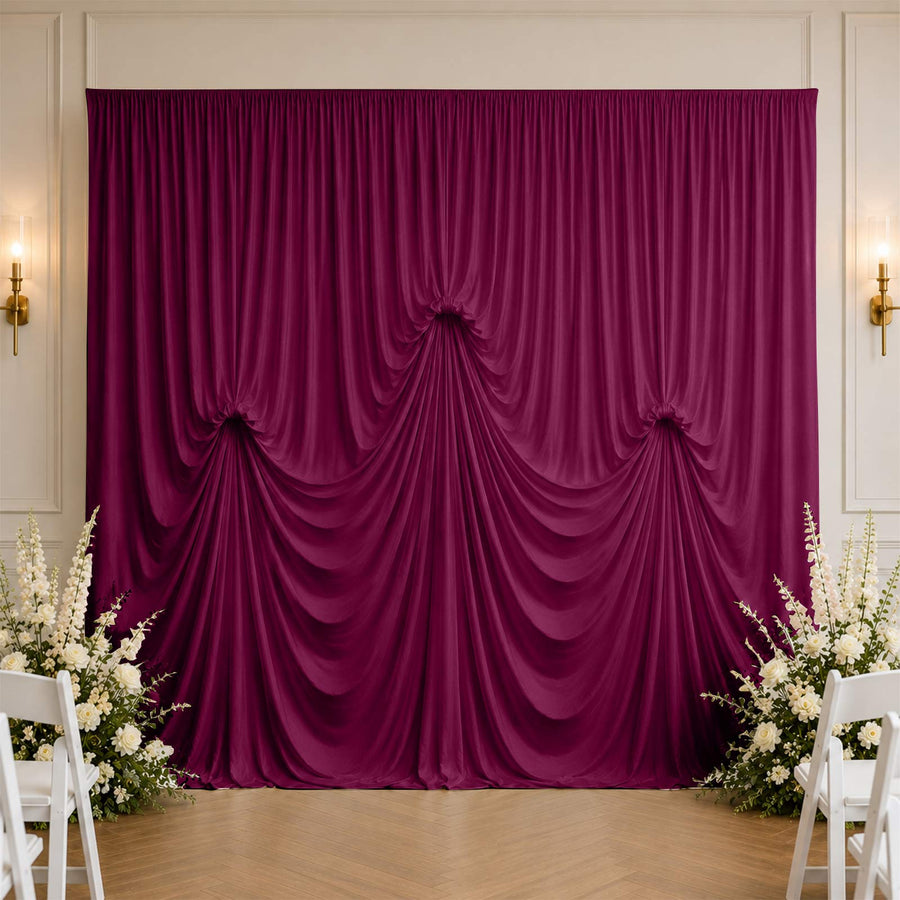 Spandex Pre-Sewn Dramatic Drape Backdrop Curtain – 13ft × 20ft Burgundy 4-Way Stretch Wrinkle-Free 180GSM Event Panel with 3 Adjustable Ribbon Ties