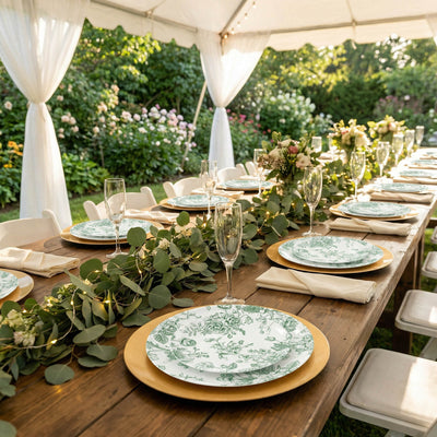 Elegant outdoor garden dining table under a white canopy with floral table settings
