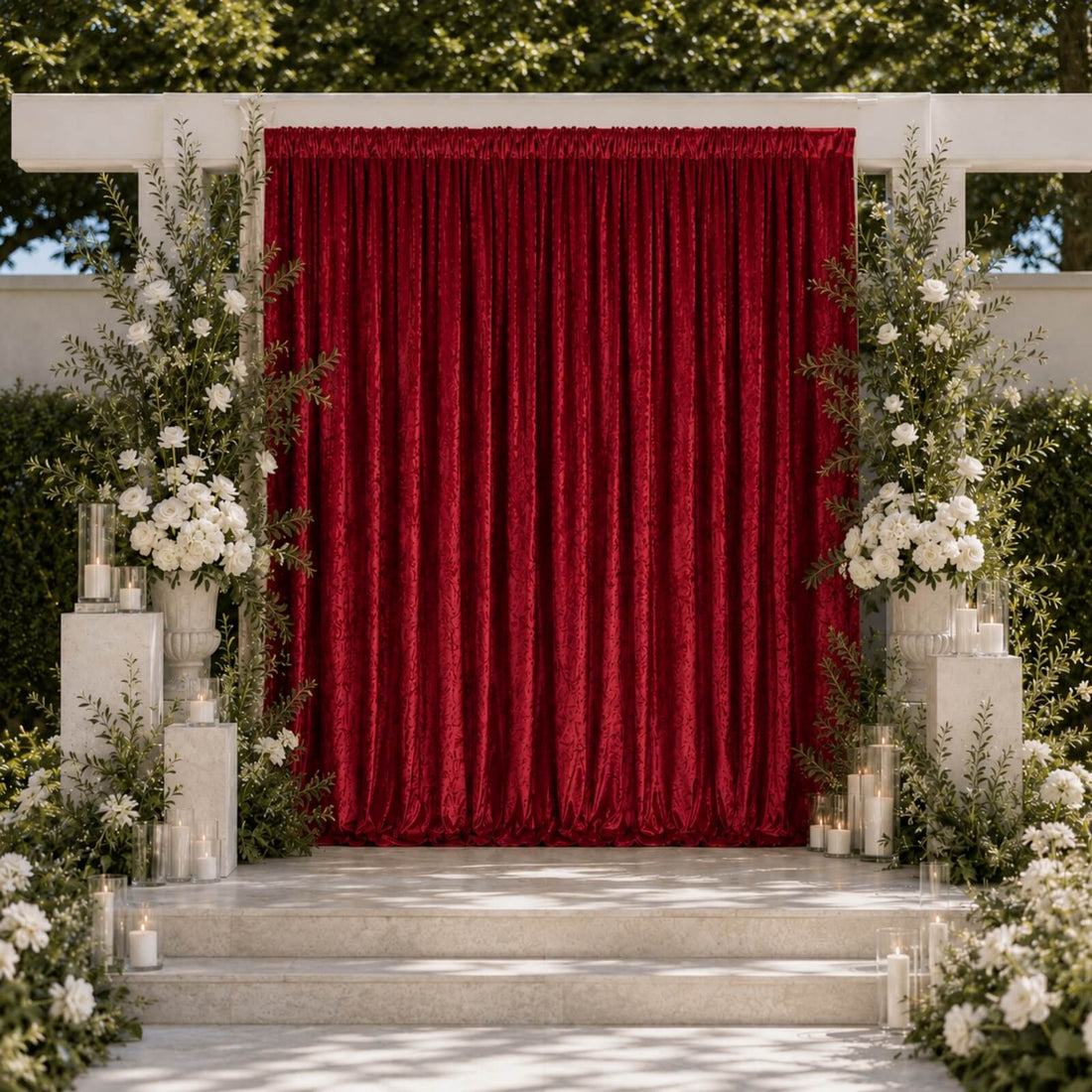 Elegant outdoor wedding stage with red velvet curtains, white flowers, and candles