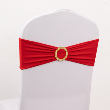 5 Pack Red Spandex Chair Sashes with Gold Rhinestone Buckles, Elegant Stretch Chair Bands and Slide On Brooch Set 5"x14"