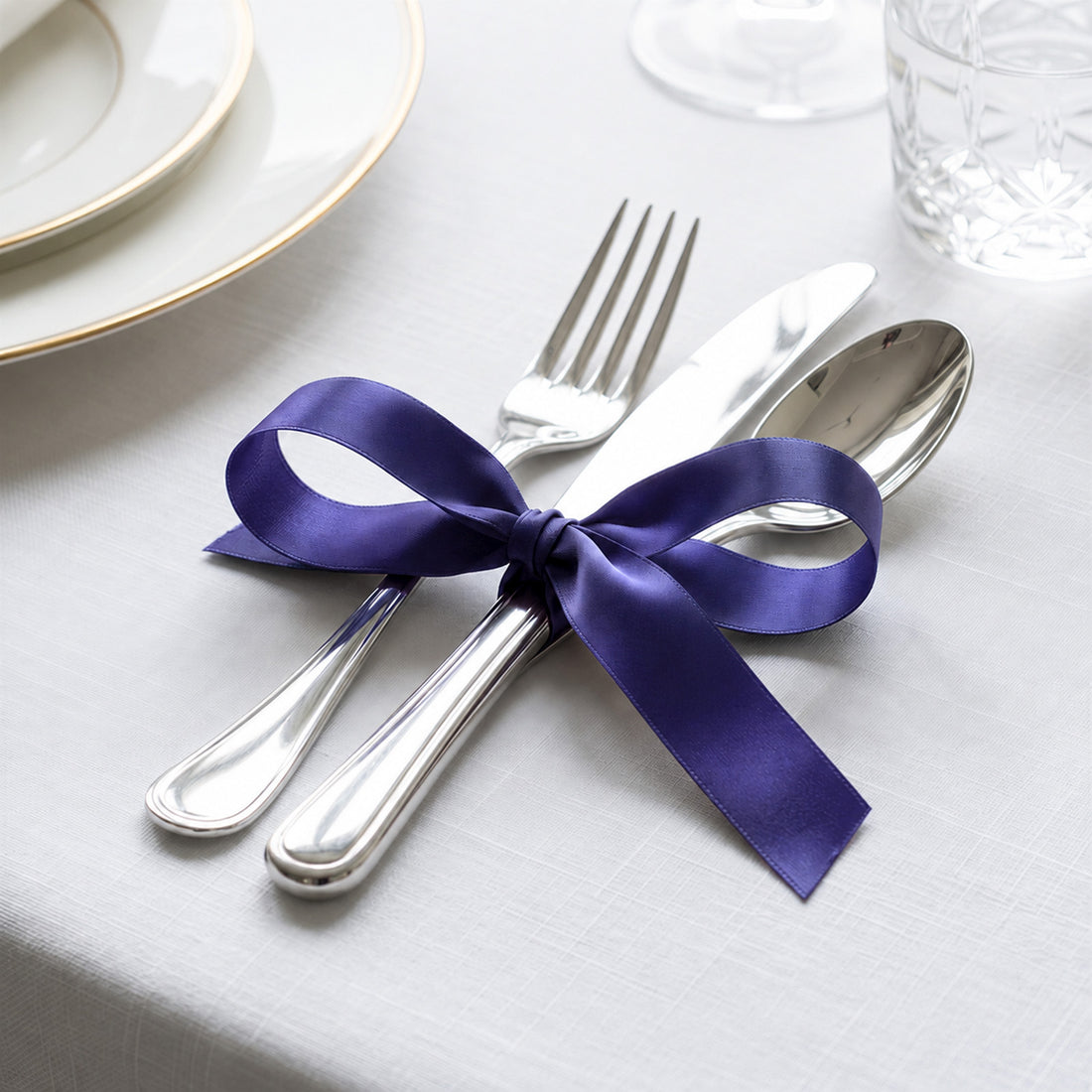 Elegant table setting with purple ribbon-tied silverware on white linen tablecloth
