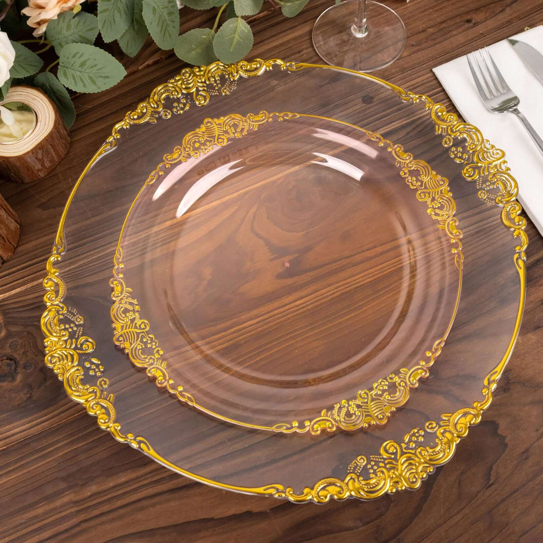 10pk Round Dinner Plates Plastic Gold Rim Blush | eFavormart