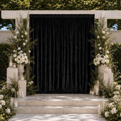 Black Premium Crushed Velvet Backdrop Curtain 10ft x 10ft – Photo Booth Backdrop & Event Drape Panel with Rod Pocket, 70% Blackout