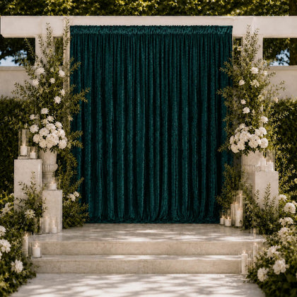 Hunter Emerald Green Premium Crushed Velvet Backdrop Curtain 10ft x 10ft – Photo Booth Backdrop & Event Drape Panel with Rod Pocket, 70% Blackout