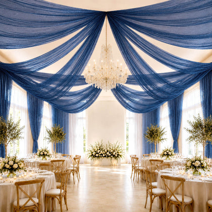 Navy Blue Sheer Ceiling Drape – 10ft x 32ft Extra Long Drapery Panel for Wedding Canopy, Backdrop & Reception Décor