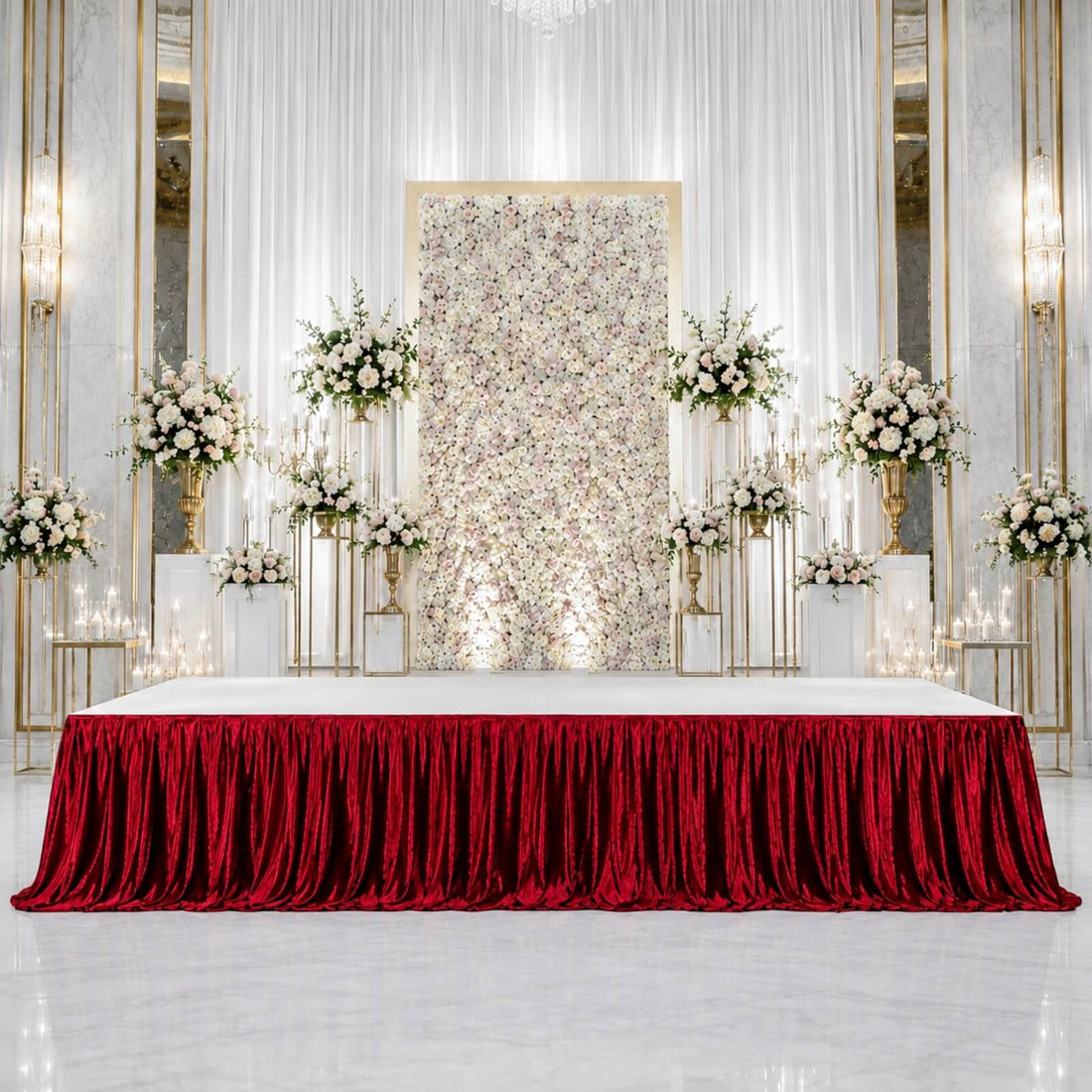 Elegant wedding stage with floral backdrop, gold accents, and red velvet table skirt