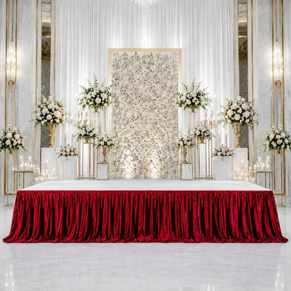 Portable Crushed Velvet Stage Skirt Red Shirred Pleated Cover for Wedding & Event Platforms - 24"x20ft