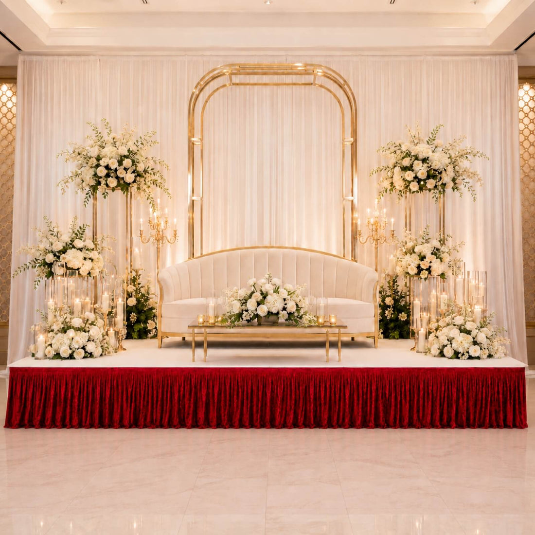 Elegant wedding stage with white floral decor, gold arch, and velvet red drape