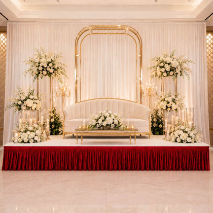 Portable Crushed Velvet Stage Skirt Red Shirred Pleated Cover for Wedding & Event Platforms - 16"x10ft