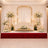 Elegant wedding stage with white floral decor, gold arch, and velvet red drape