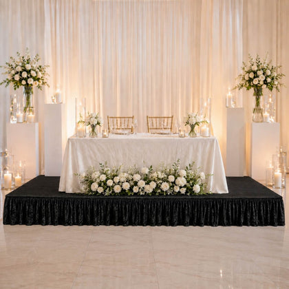 Portable Crushed Velvet Stage Skirt Black Shirred Pleated Cover for Wedding & Event Platforms - 16"x10ft