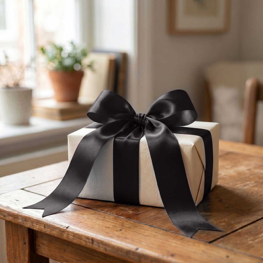 Elegant wrapped gift box with black ribbon on rustic wooden table
