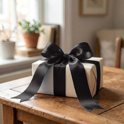 Elegant wrapped gift box with black ribbon on rustic wooden table