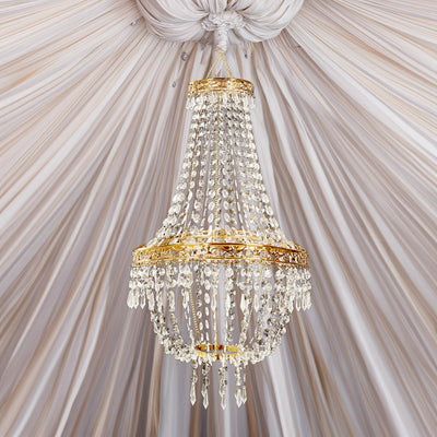 Empire Style Beaded Crystal Chandelier with Gold Ornate Metal Frame, Adjustable Hanging Farmhouse Pendant Ceiling Lighting - 5ft