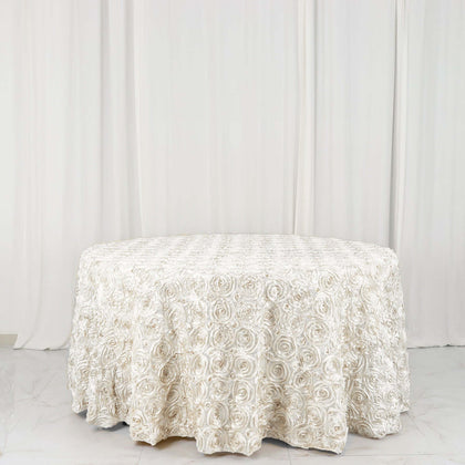 Satin Round Tablecloth 120" Ivory - Grandiose 3D Rosette Table Cover