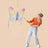 Person swinging a stick at a colorful butterfly piñata.