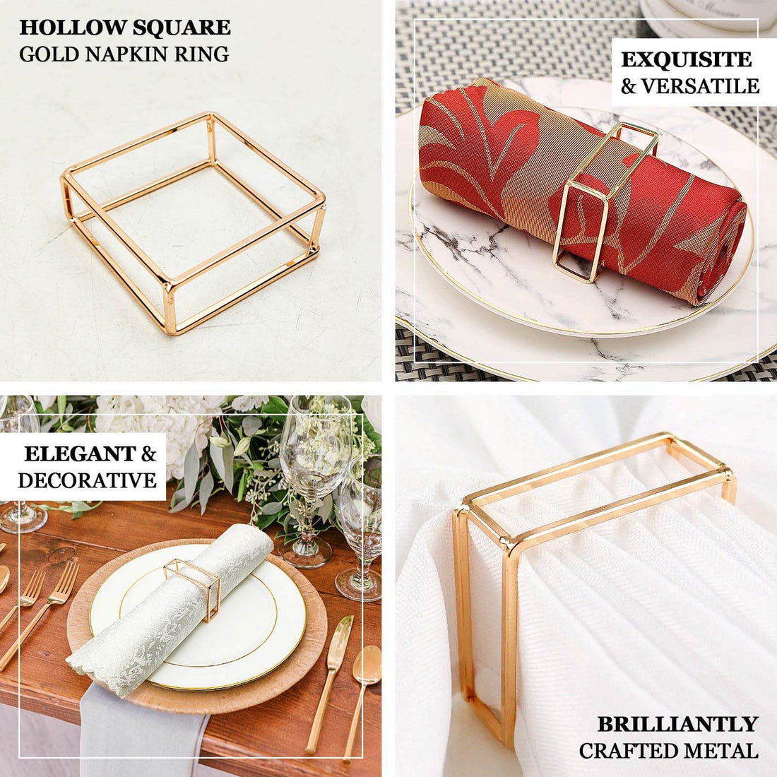 4-Pack Gold Metal Square Napkin Rings | eFavormart