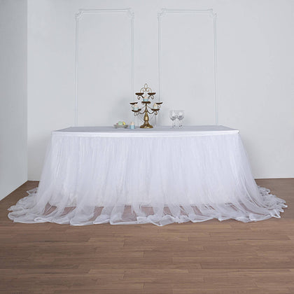 Extra Long Tulle Table Skirt 14ft White with Satin Edge for Baby Showers & Events Table Cover