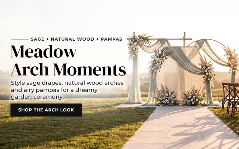 Transform your ceremony with sage drapes, natural wood arches, and pampas accents for a dreamy, e...