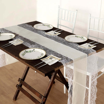 Faux Burlap Jute Table Runner 16"x108" Ivory With White Lace Edging - Rustic Farmhouse Tabletop Decor