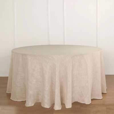 Faux Linen Round Tablecloth 120" Beige with Slubby Textured - Wrinkle Resistant & Seamless Table Cover