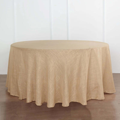 Faux Linen Round Tablecloth 120" Natural with Slubby Textured - Wrinkle Resistant & Seamless Table Cover