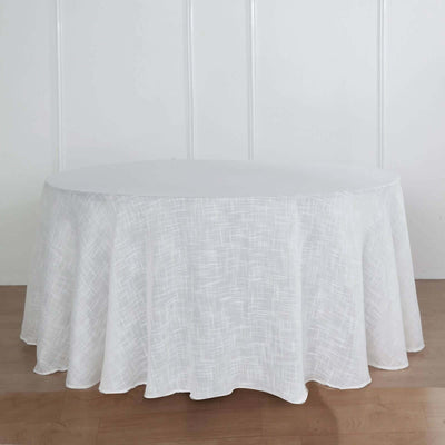 Faux Linen Round Tablecloth 120" White with Slubby Textured - Wrinkle Resistant & Seamless Table Cover for Rustic Events