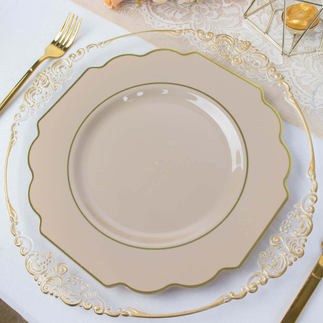 10-Pack Gold Rim Taupe Baroque Dinner Plates | eFavormart