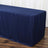 Navy table cover with gathered edges on a wooden floor