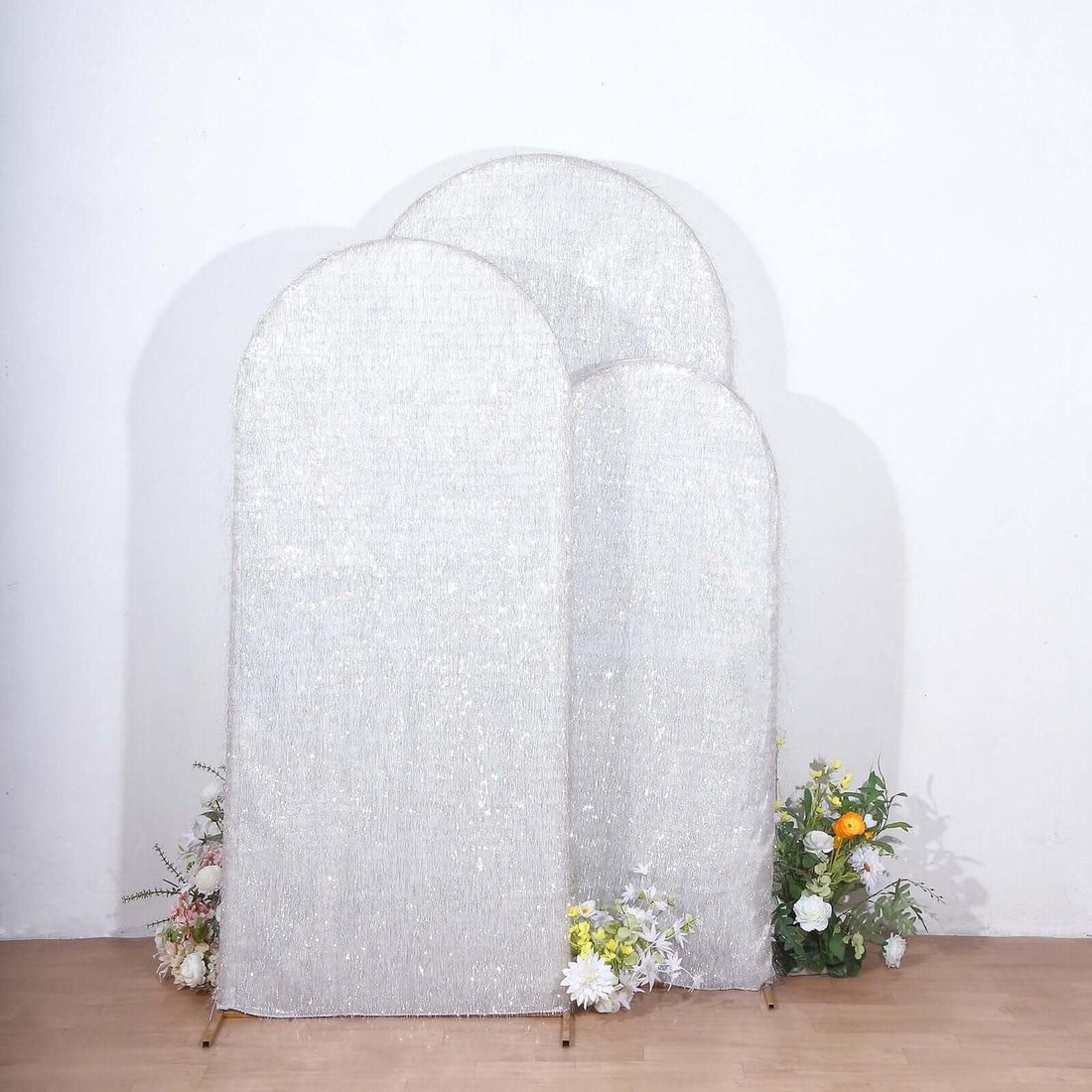 Silver Metallic Fringe Chiara Backdrop Stand Covers | eFavormart
