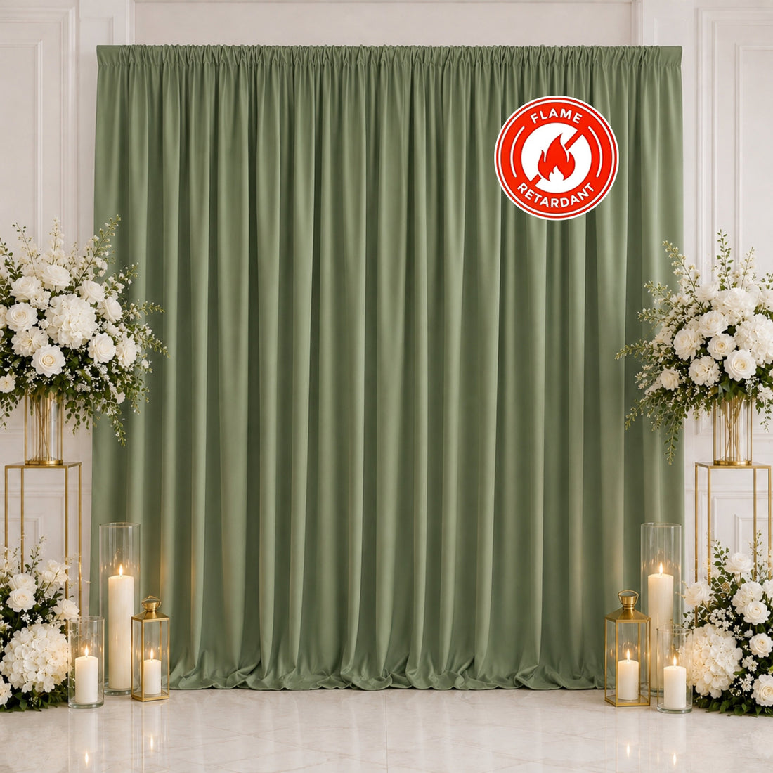 Flame retardant olive green curtain backdrop with white floral decor
