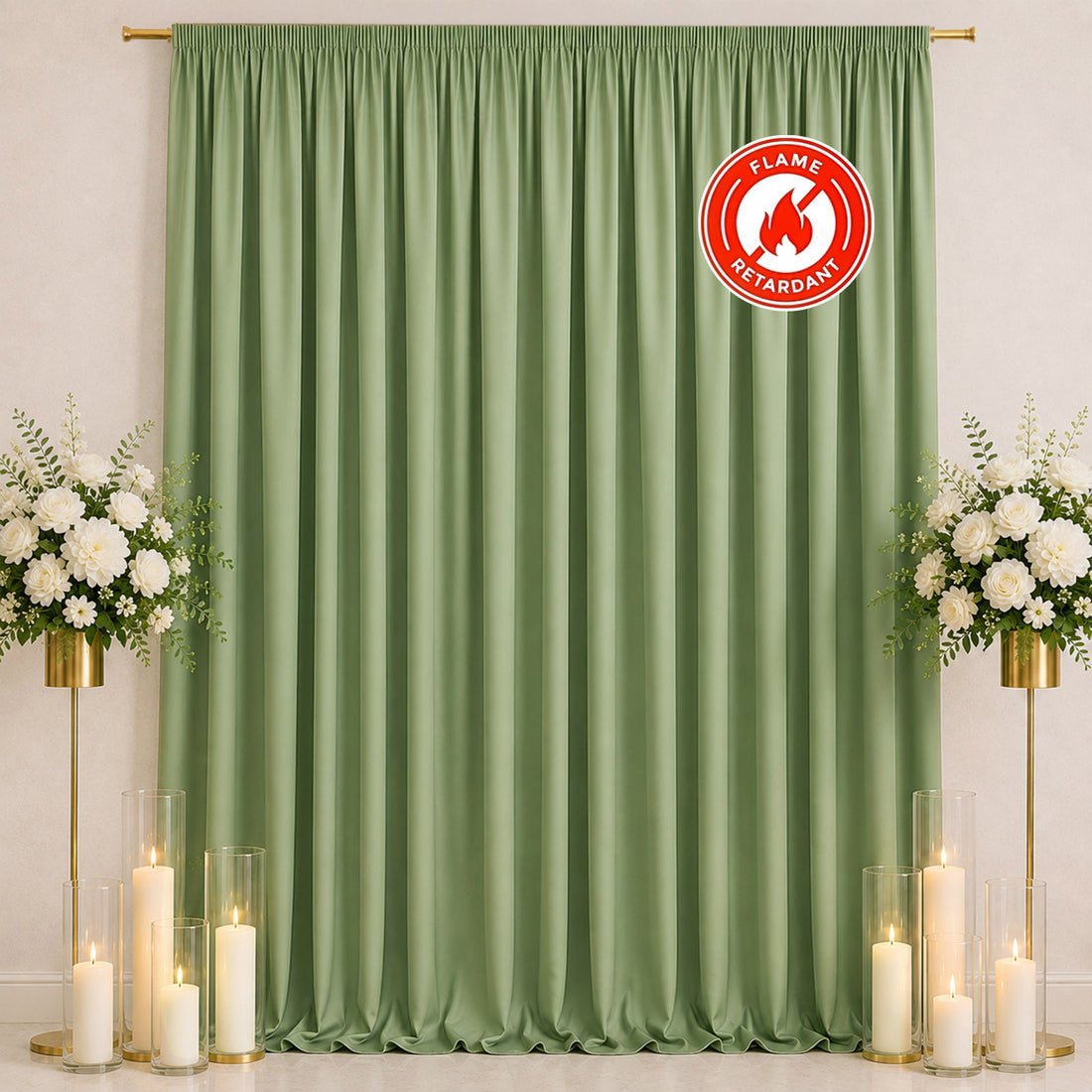 Flame-retardant sage green curtain with floral candle backdrop