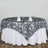 Elegant black and white tablecloth draped over round table with glassware.