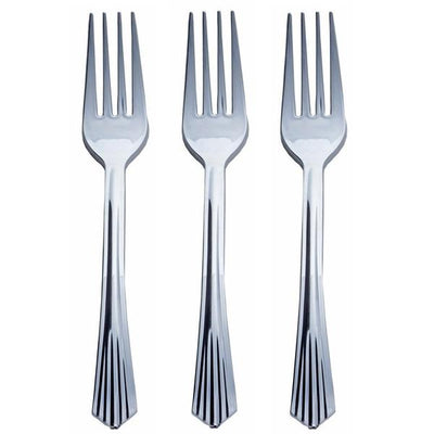 Set of three stainless steel forks on a plain white background.