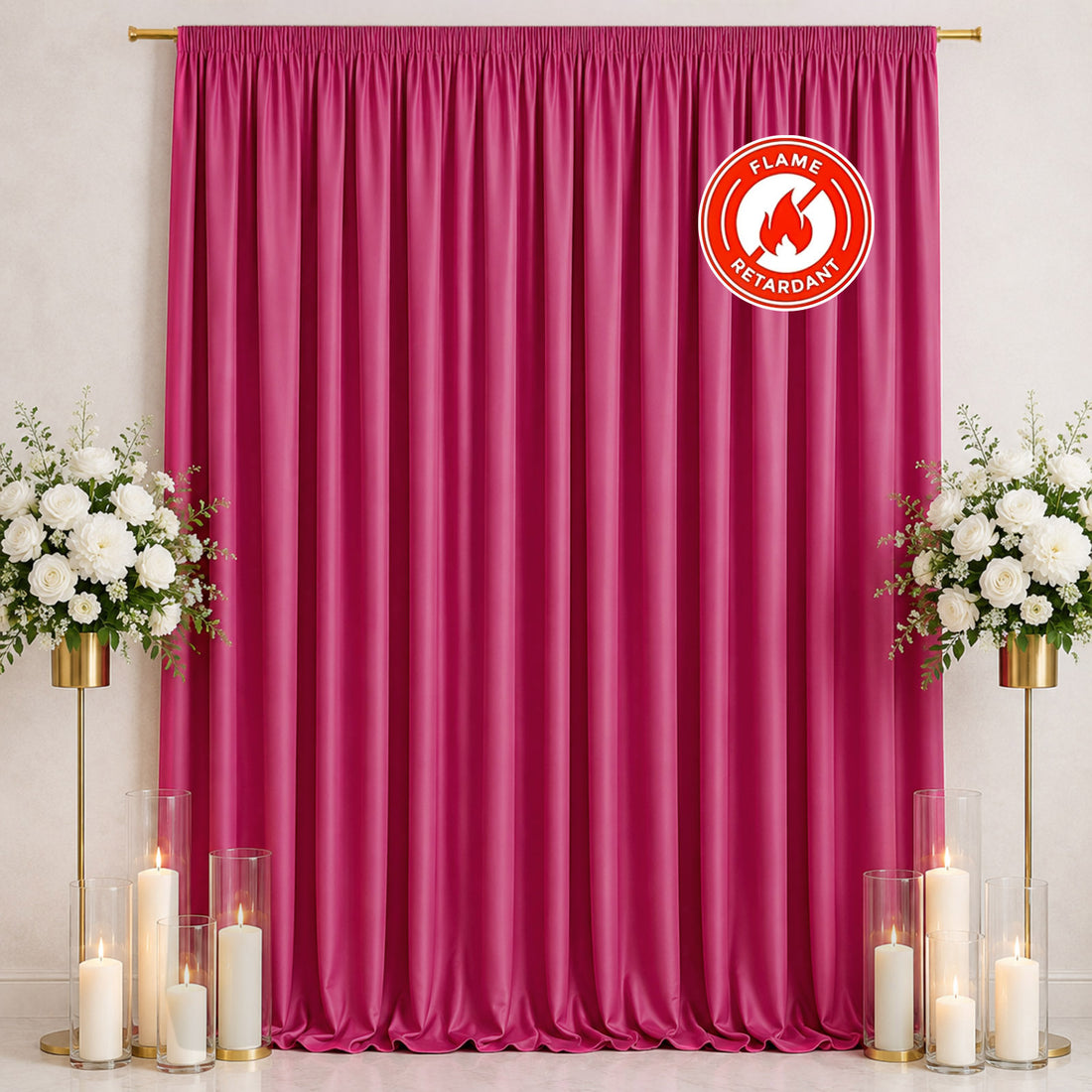 Fuchsia flame retardant curtain backdrop with floral and candle decor
