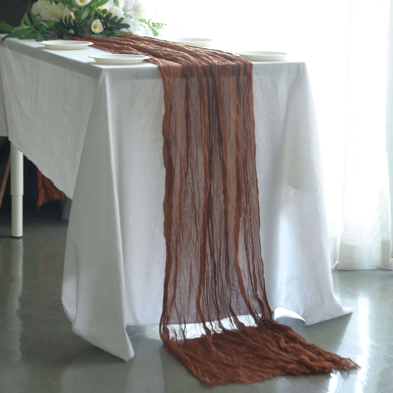 Cheesecloth Boho Table Runner 10ft Cinnamon Brown | eFavormart