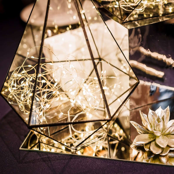 Decorative geometric glass terrarium with fairy lights and a metallic flower accent.