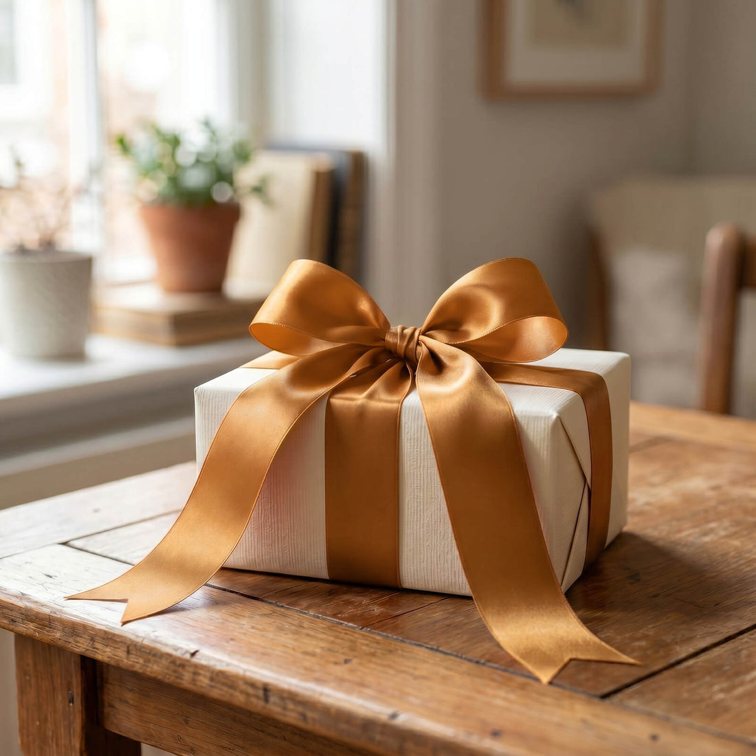 Gold satin ribbon used to finish back-to-school party favors and treat packaging