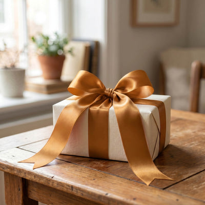 Gift box with gold ribbon on wooden table in a cozy home interior