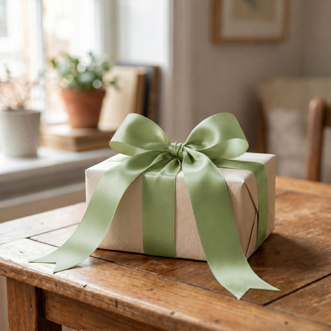 Gift box with green ribbon bow on wooden table in a cozy room